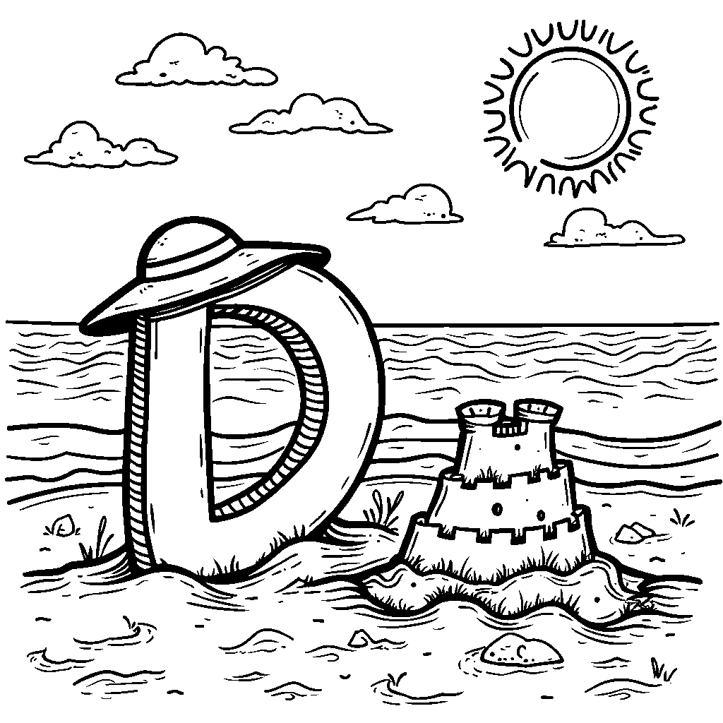 The letter D resting on a beach with a sunhat and sandcastle