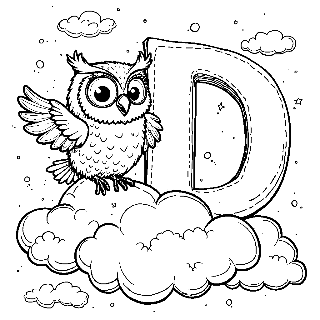 The letter D riding on a cloud with a curious little owl