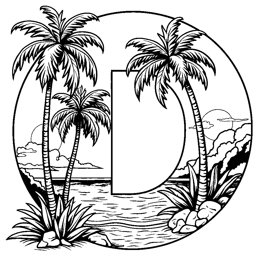 The letter D shown with a scenic sunset and palm trees