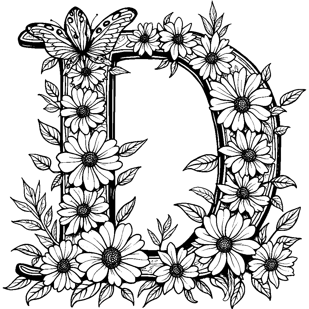 The letter D surrounded by bright flowers and butterflies