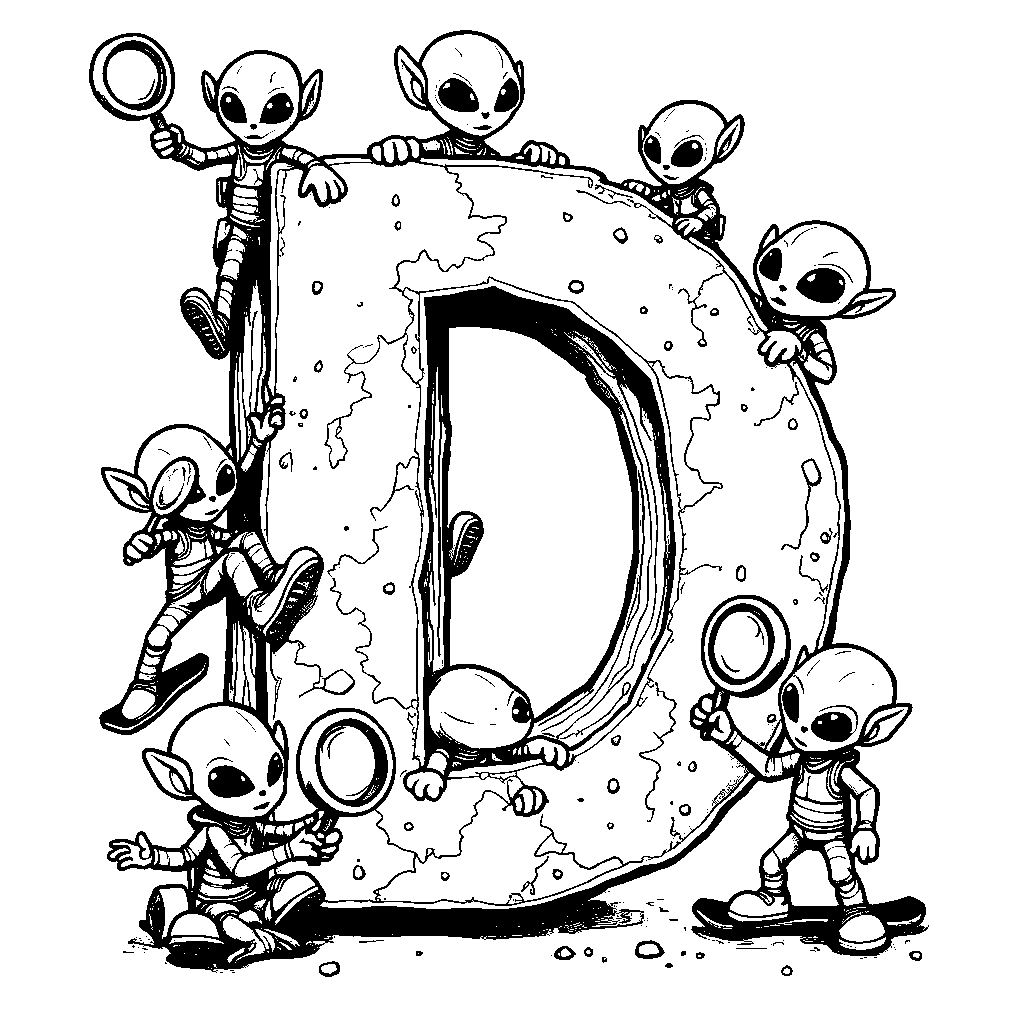 The letter D surrounded by tiny aliens exploring Earth