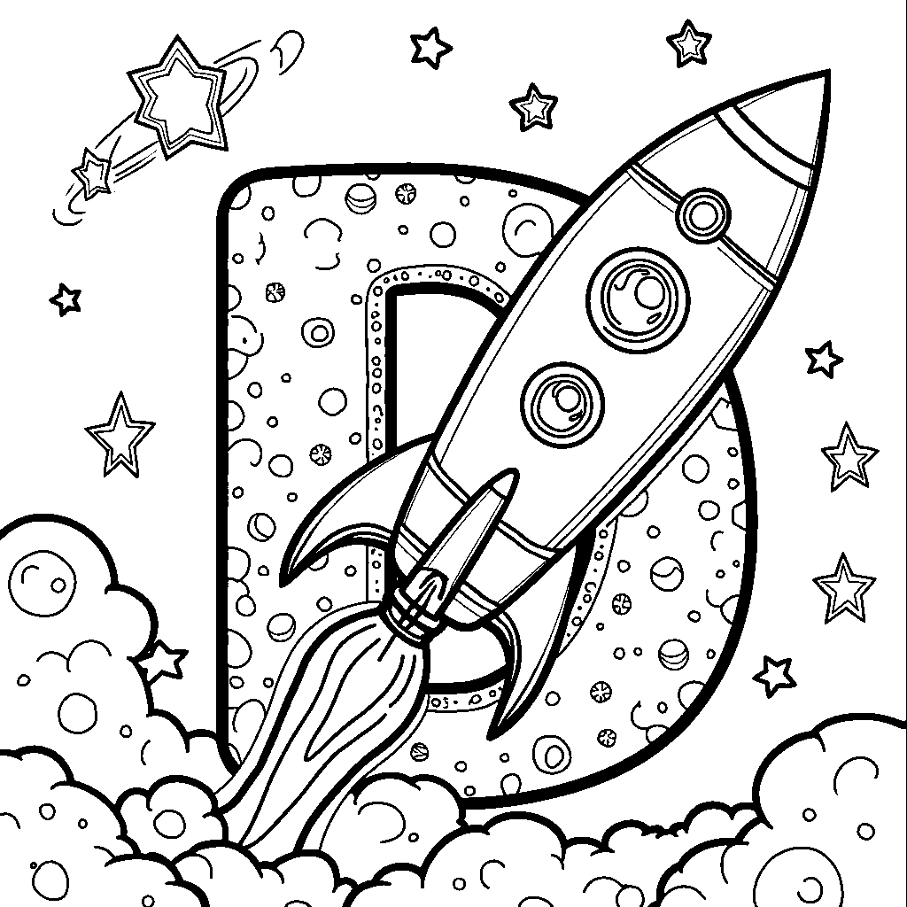 The letter D turned into a deep space rocket launching to the stars