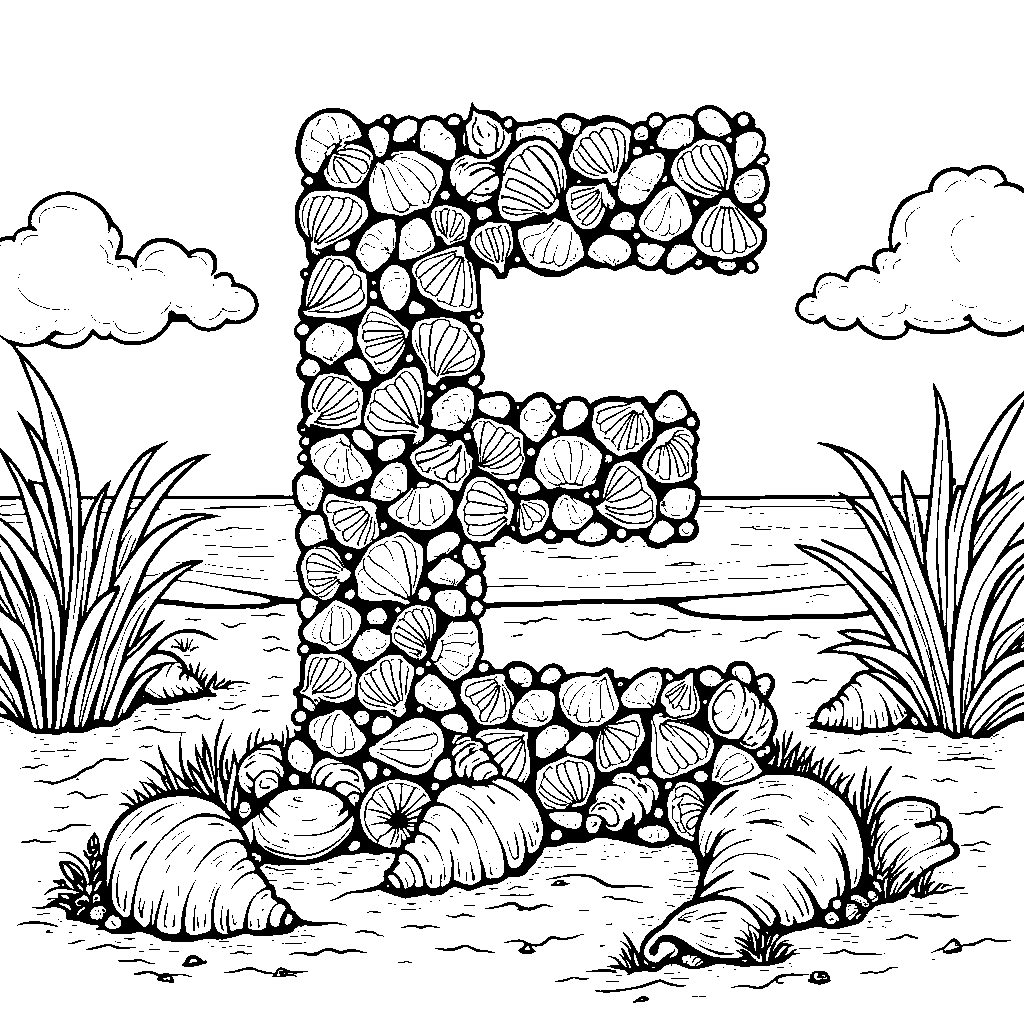 A beach scene with the letter E made of seashells