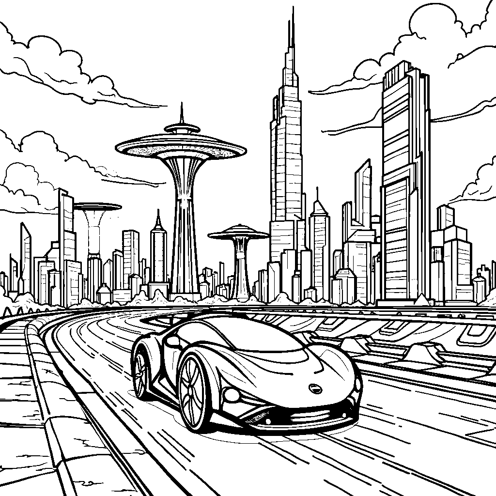 A futuristic city with the letter E as a flying car