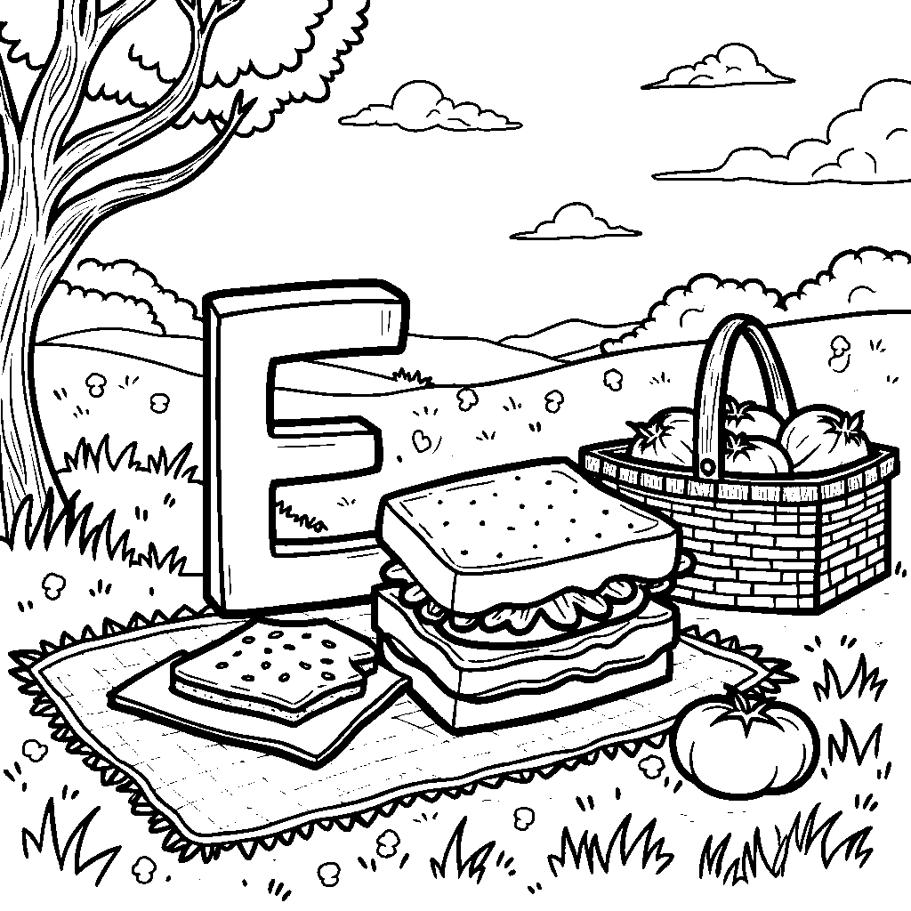 A picnic scene featuring the letter E as a sandwich