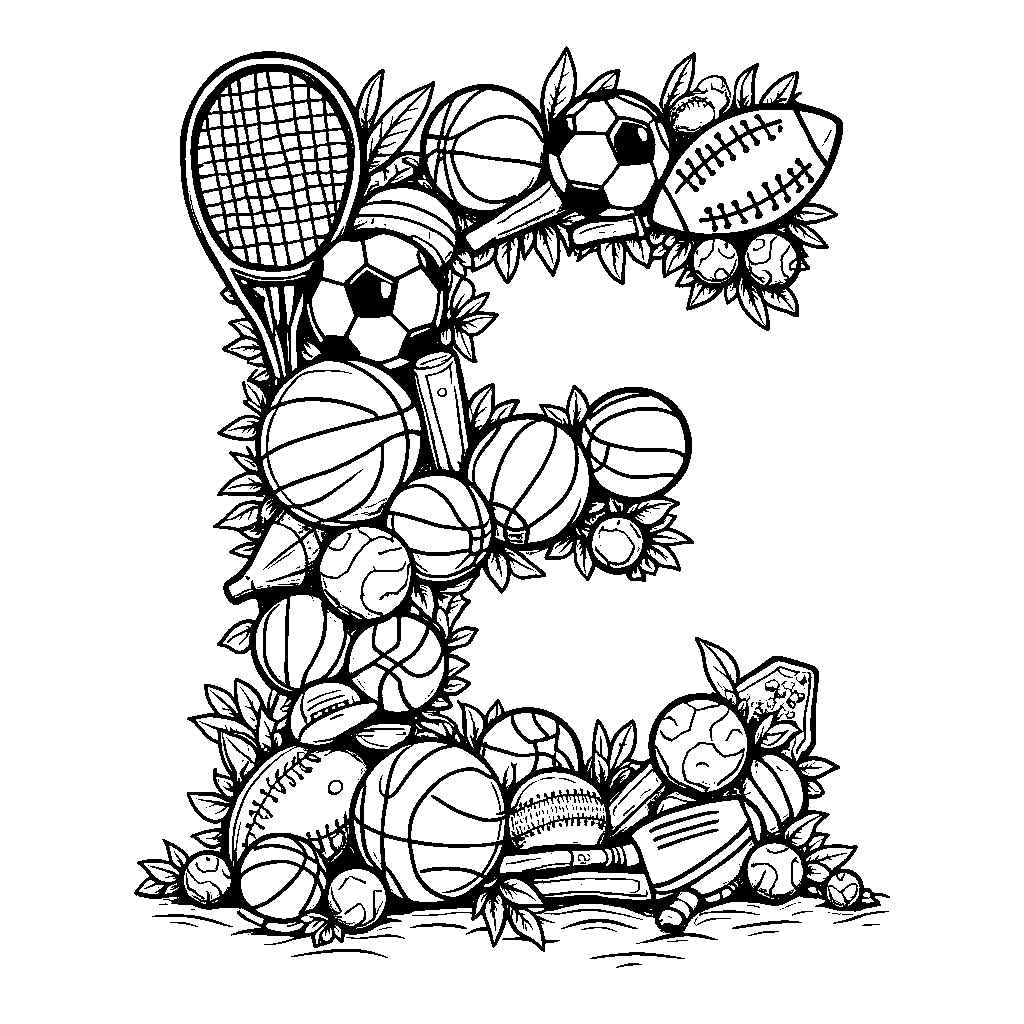 A sports theme with the letter E made of different sports equipment