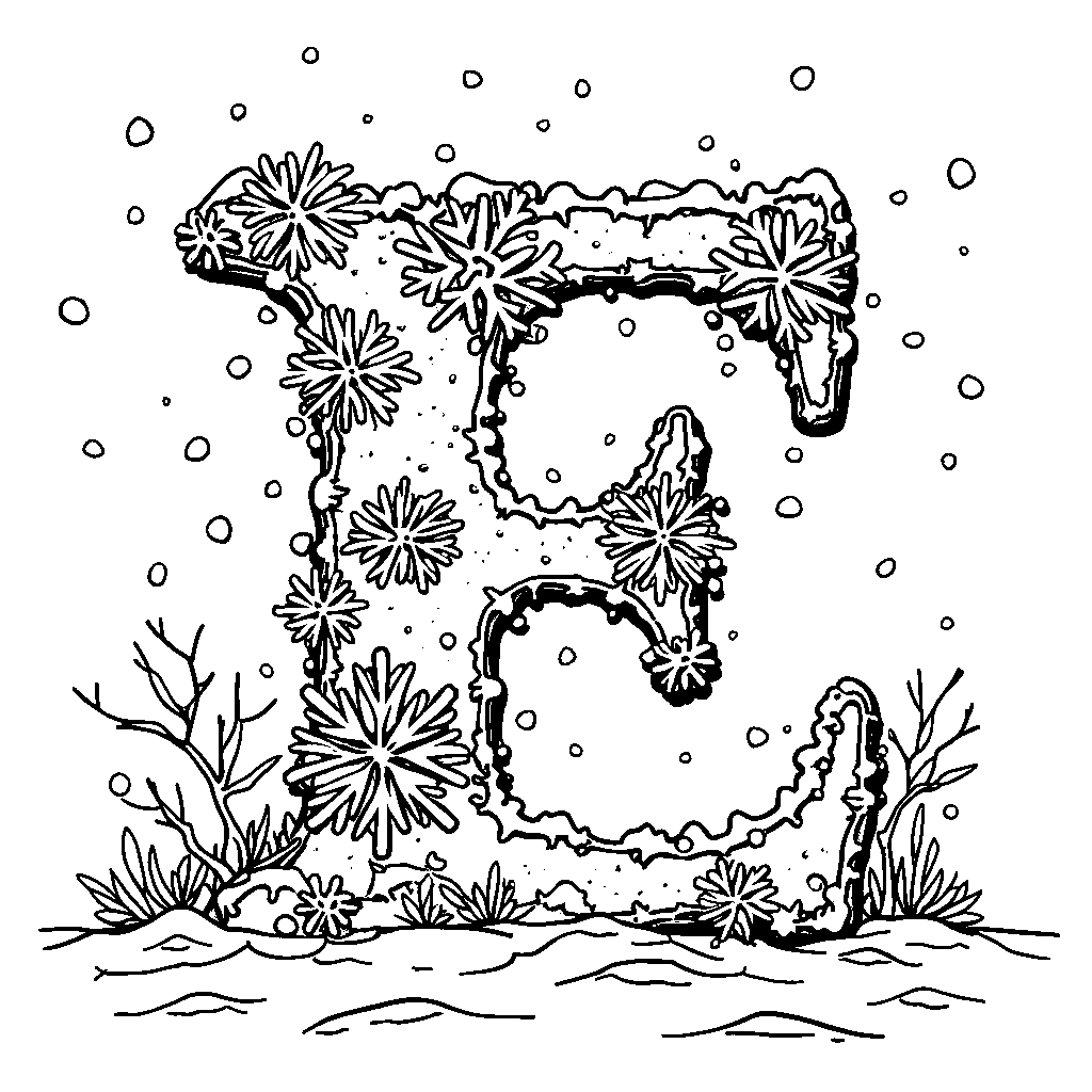 A winter wonderland version of the letter E decorated with snowflakes