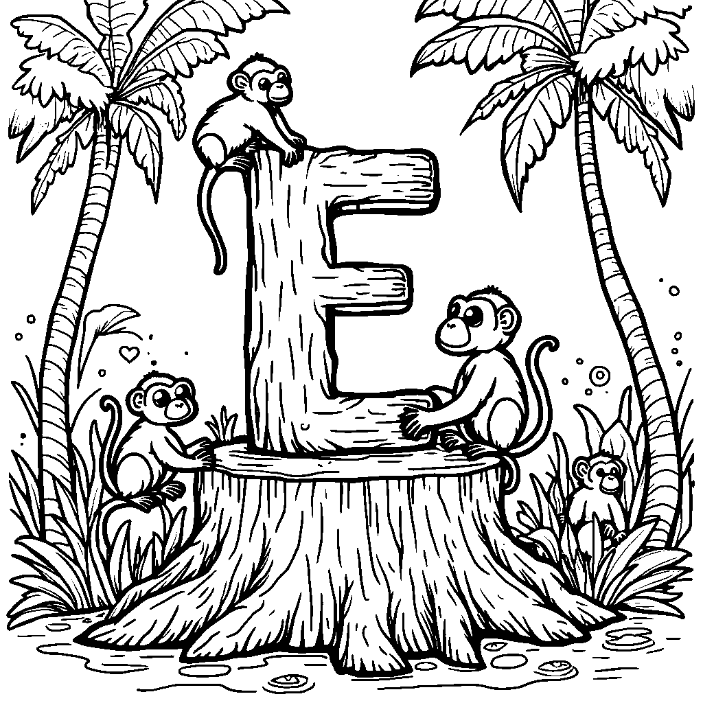 Adventurous Jungle Scene with the Letter 'E' as a Tree Stump