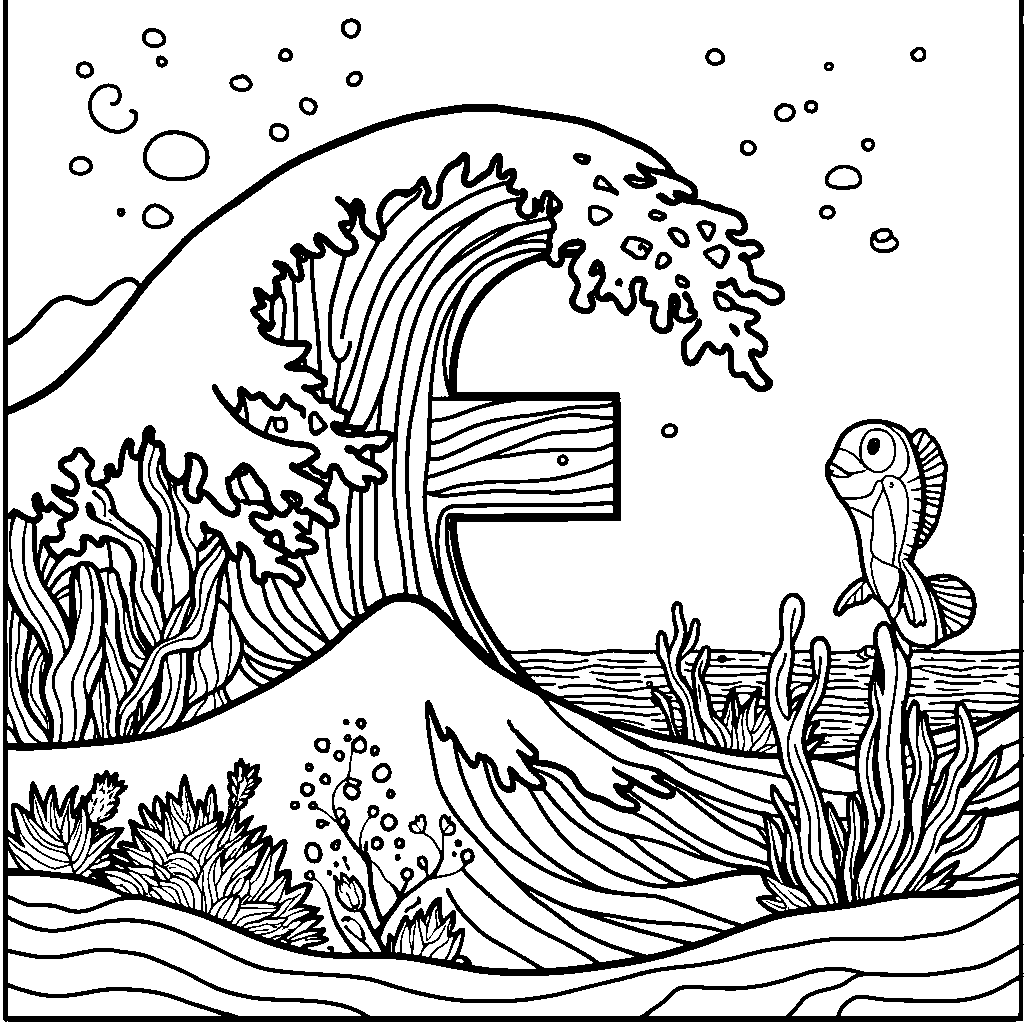 An ocean scene with the letter E shaped like a wave