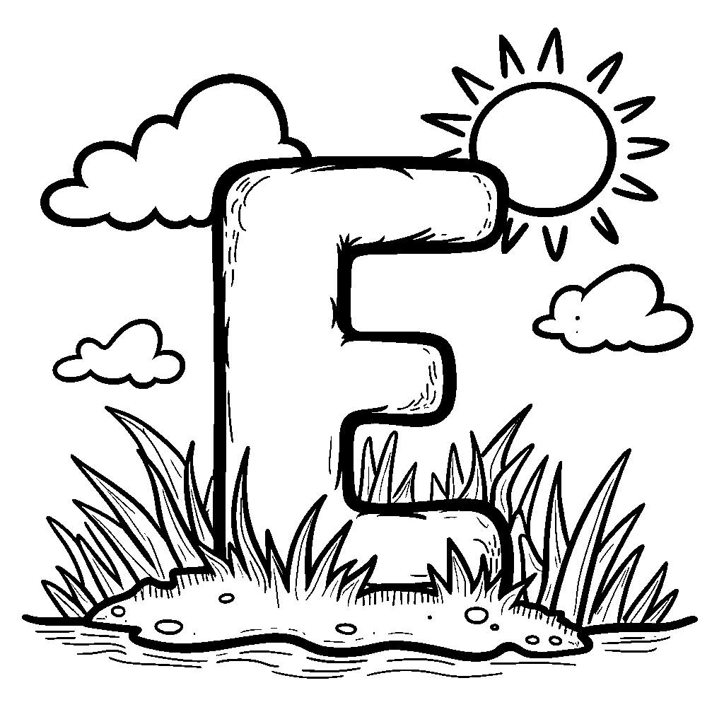 An outline of the letter E with a sun and clouds for a sunny day