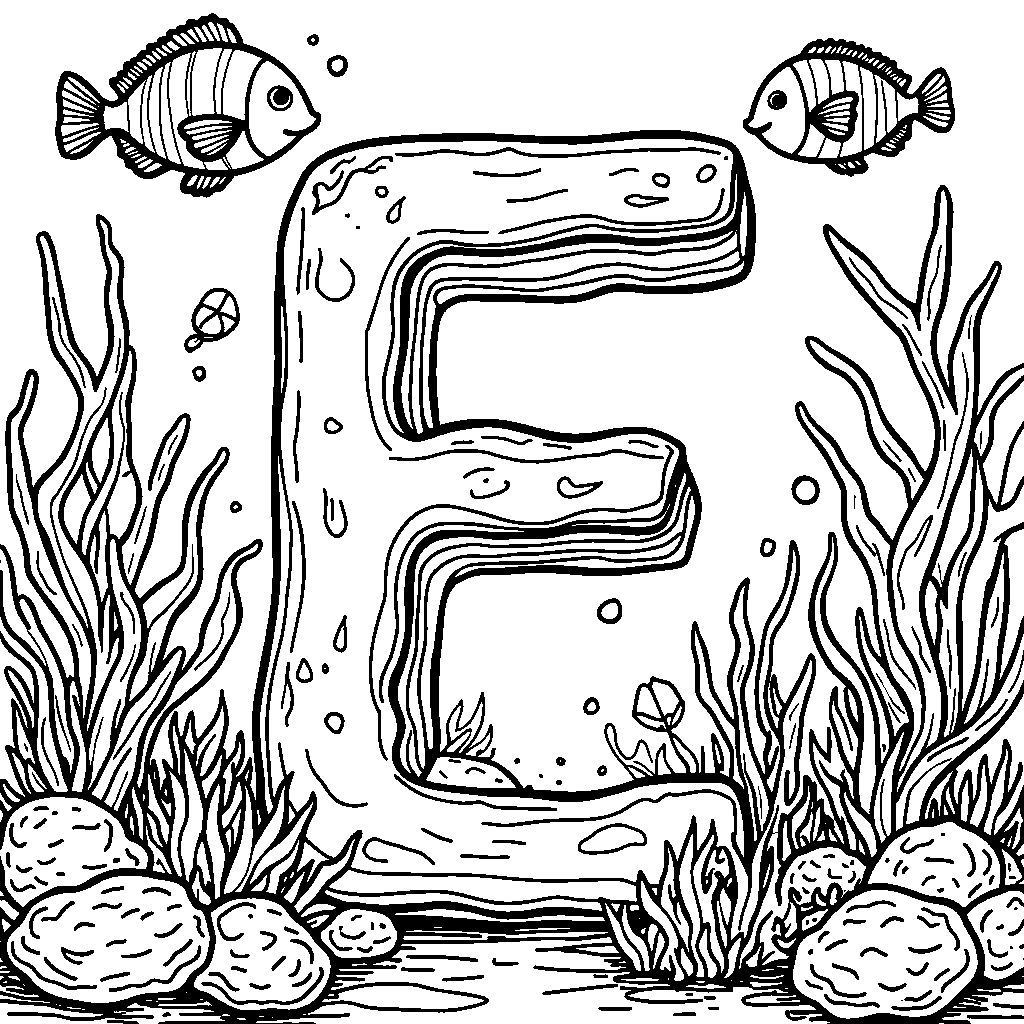 An underwater scene with the letter E surrounded by fish