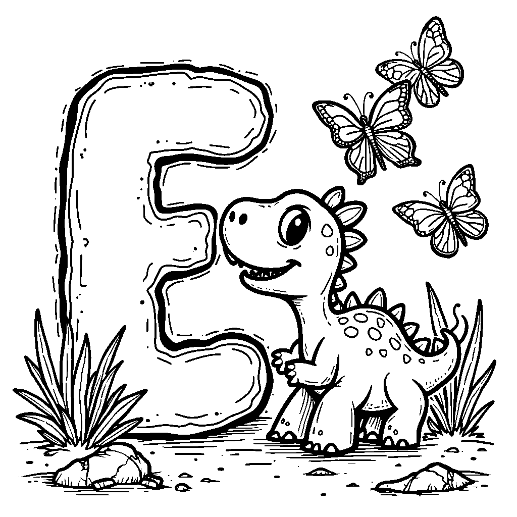 A dino-shaped letter E with a fun dinosaur chasing butterflies