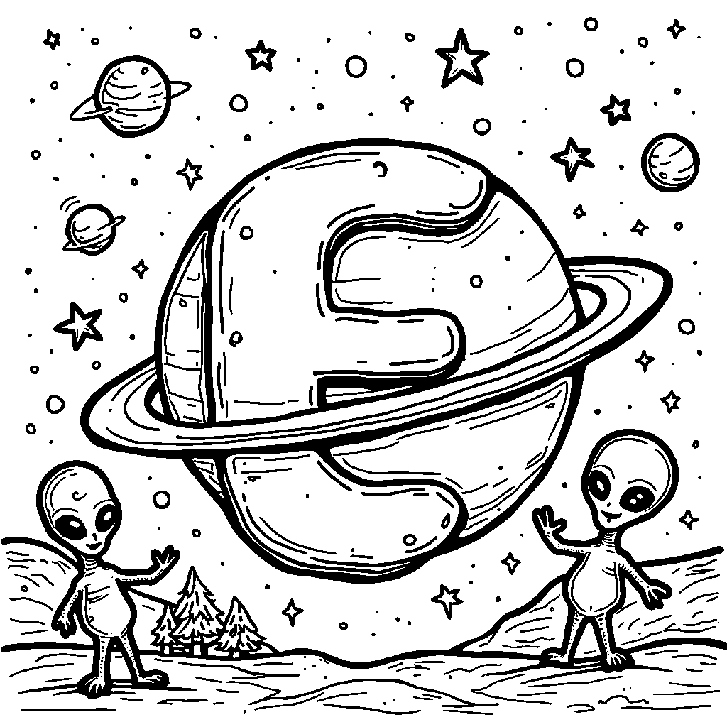 An outer space theme with the letter E as a planet