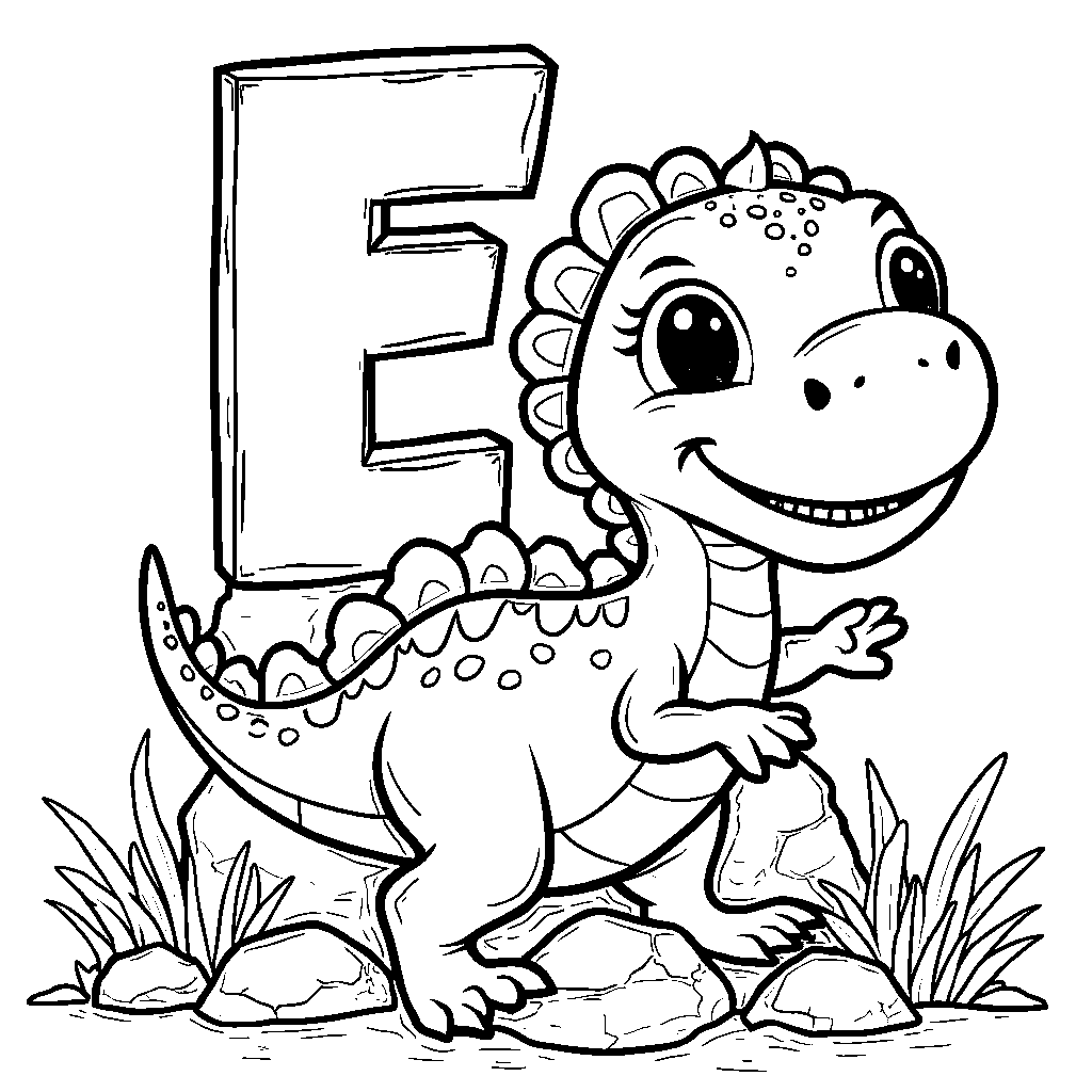 The letter E as a friendly dinosaur peeking from behind a rock