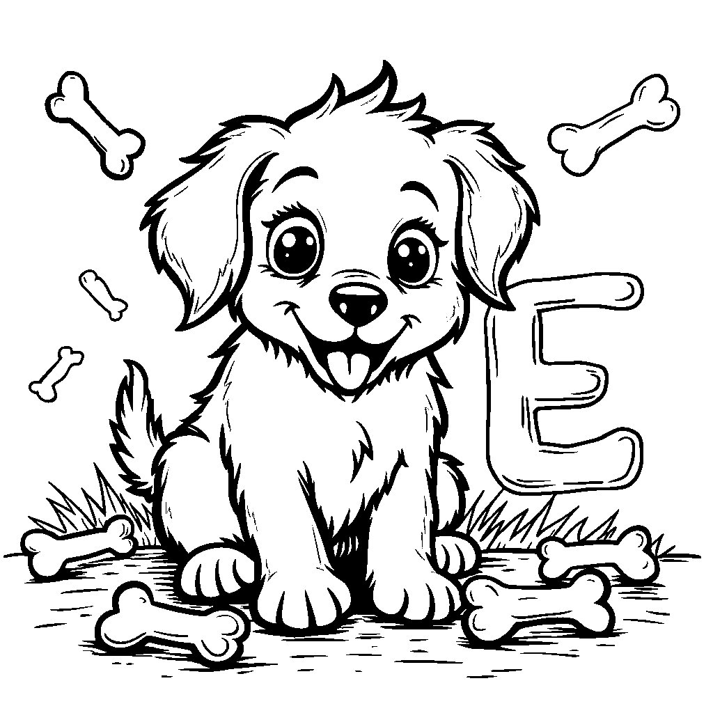 The letter E as a playful puppy surrounded by bones