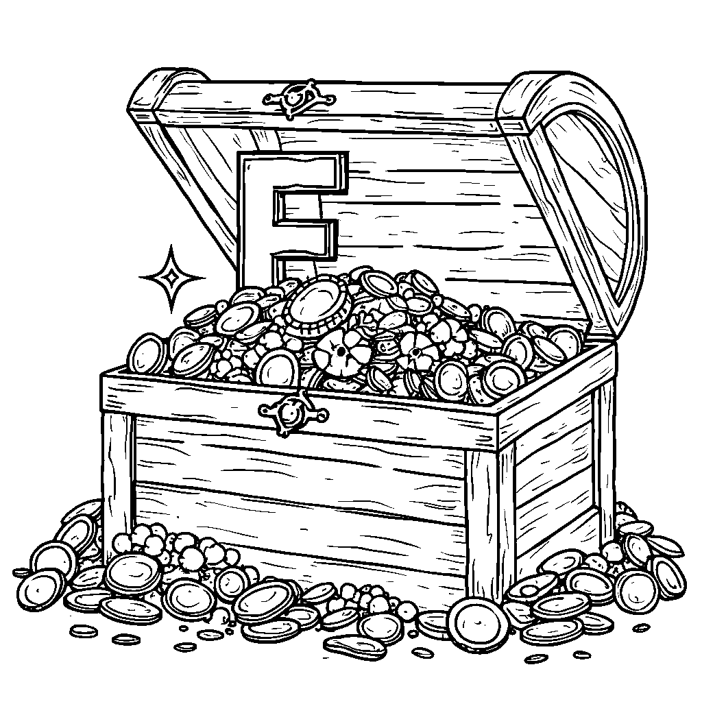 The letter E as a treasure chest overflowing with jewels