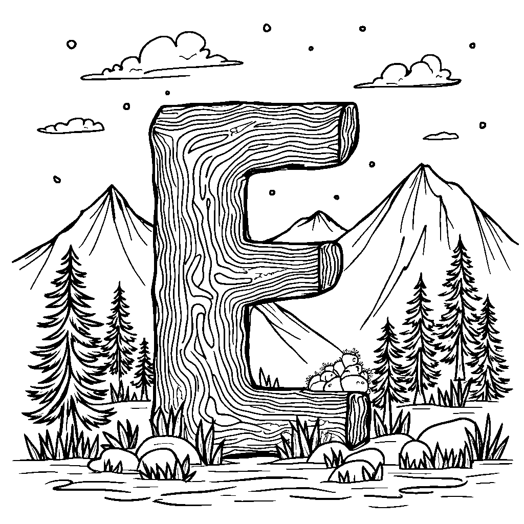 The letter E blending into a mountain landscape scene