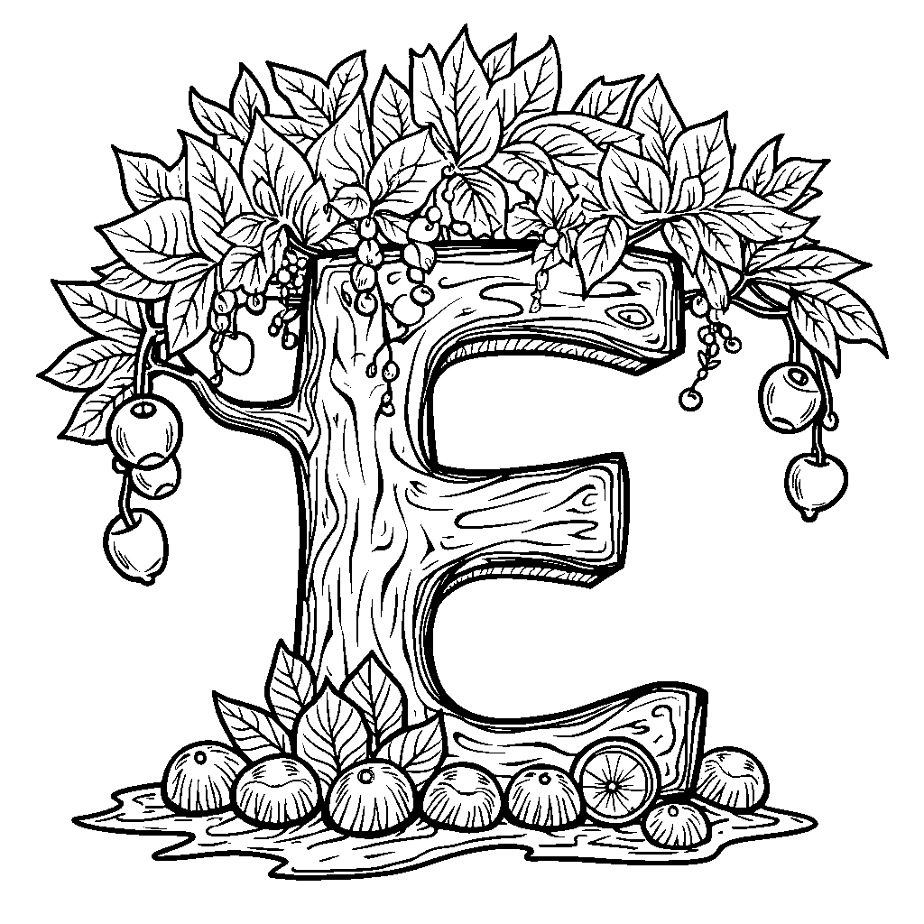 The letter E designed as an exotic tree with hanging fruits