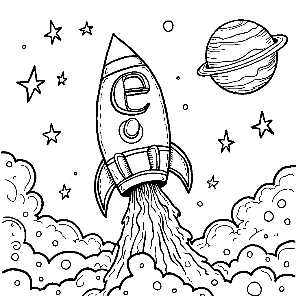 The letter E drawn as a rocket ship blasting off into the sky