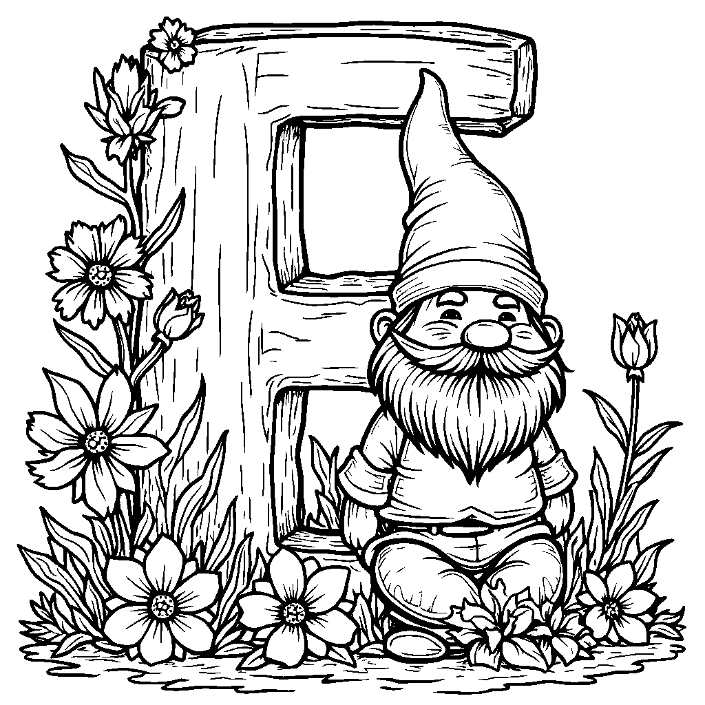 The letter E featuring a garden gnome and flowers