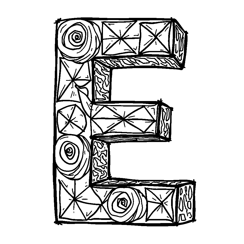 The letter E formed by colorful geometric shapes