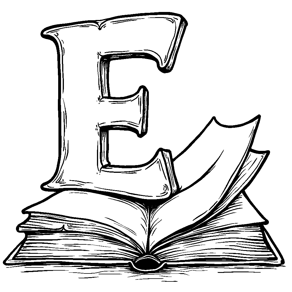 The letter E illustrated as a book with pages turning