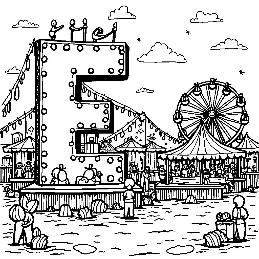 The letter E illustrated as a carnival with rides and games