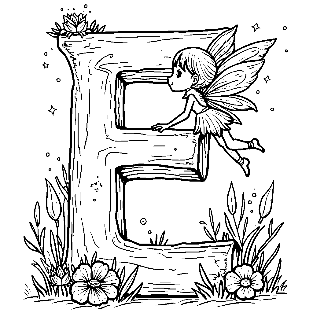 The letter E illustrated with a magical fairy flying around