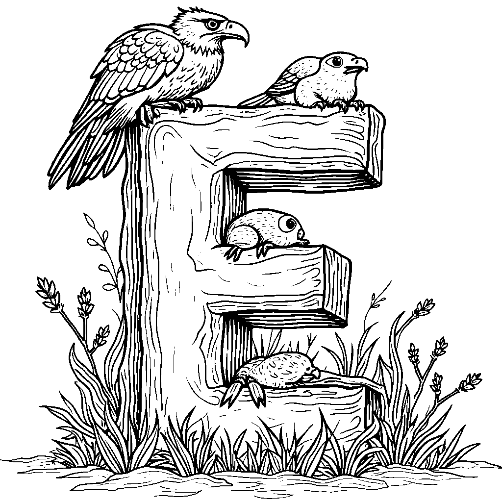 The letter E illustrated with animals, like an eagle perched on top