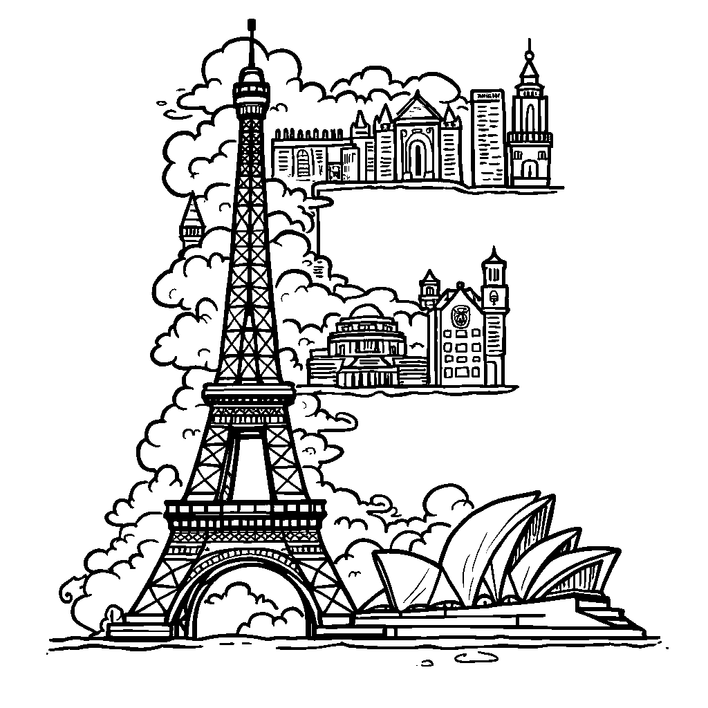 The letter E illustrated with famous landmarks from around the world