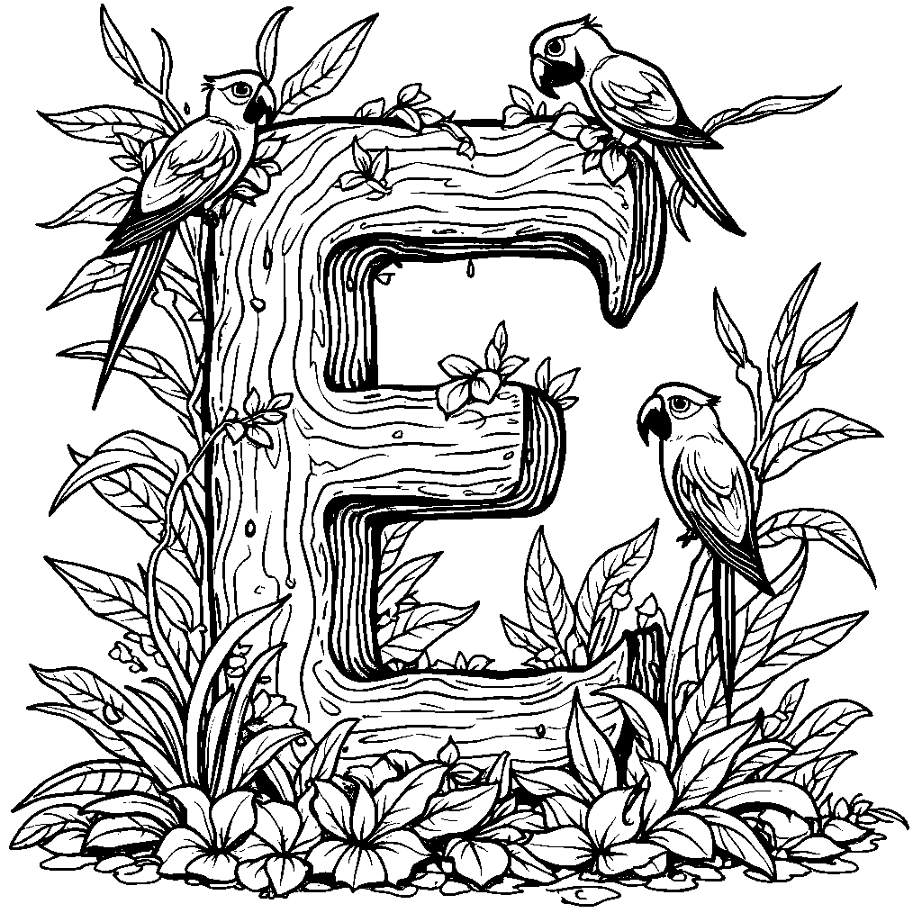 The letter E lurking among jungle vines and parrots