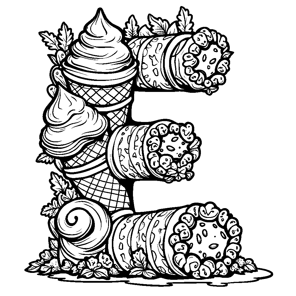 The letter E made of ice cream cones and scoops