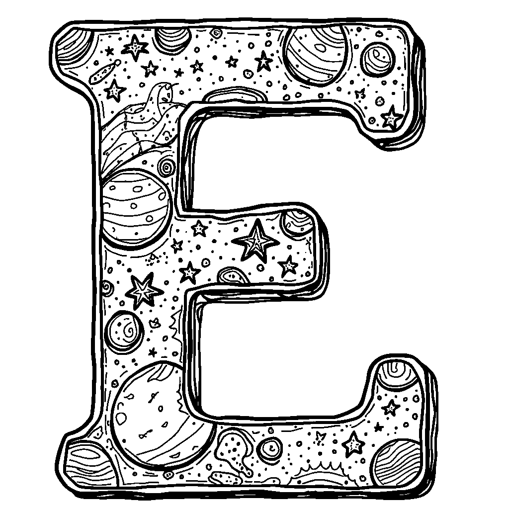 The letter E painted with a galaxy of stars and planets