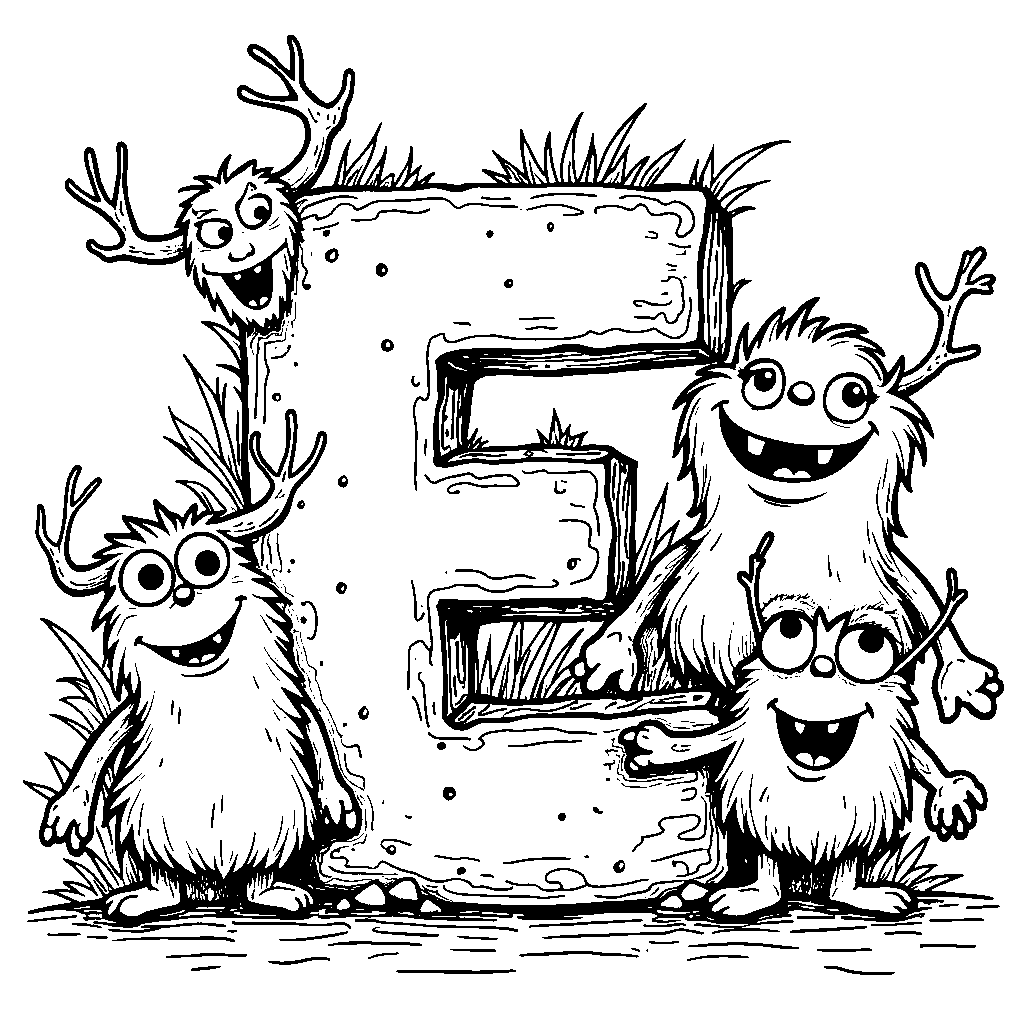 The letter E surrounded by cute monster friends