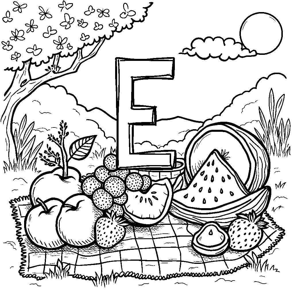 The letter E surrounded by various fruits for a picnic theme