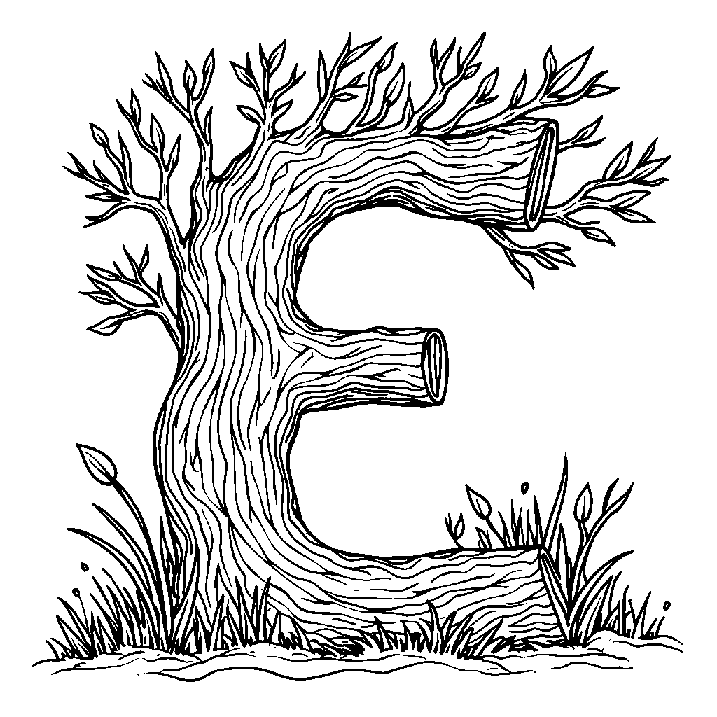 The letter E taking the form of a windy tree blowing in the breeze