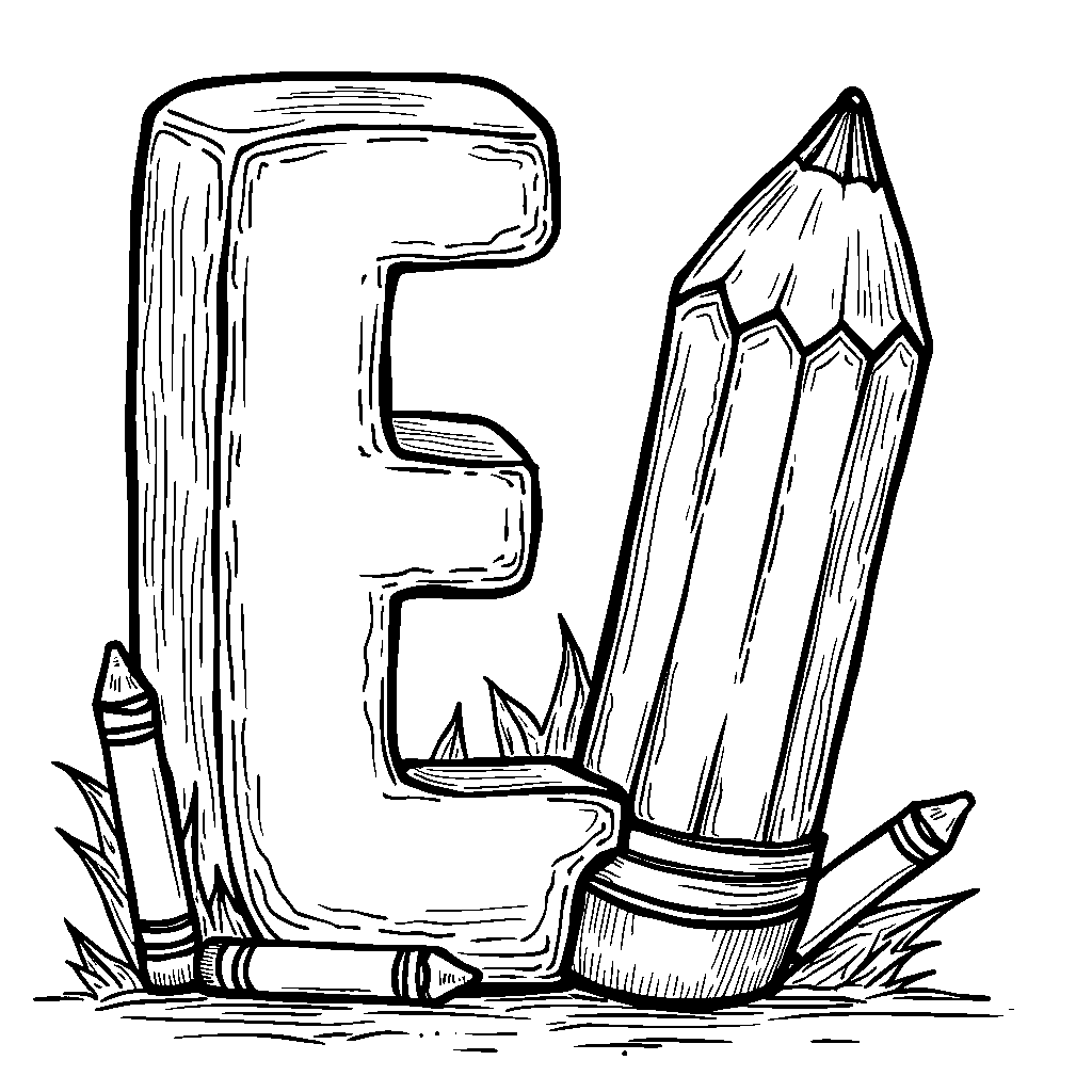 The letter E transformed into a giant pencil with crayons on the sides