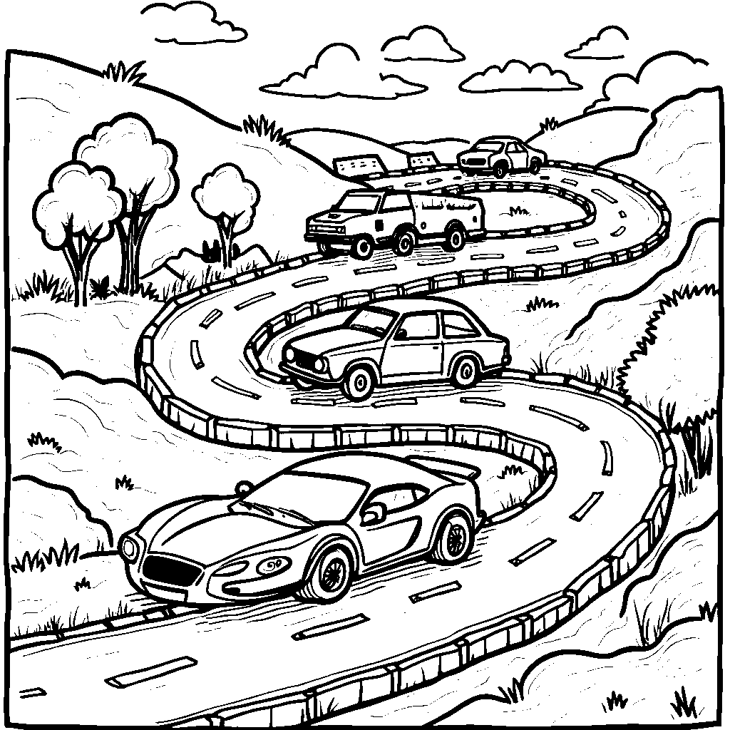 The letter E with a road winding around it, featuring cars