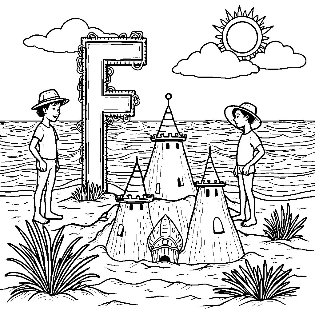 A beach scene with the letter F made from sandcastles and seashells