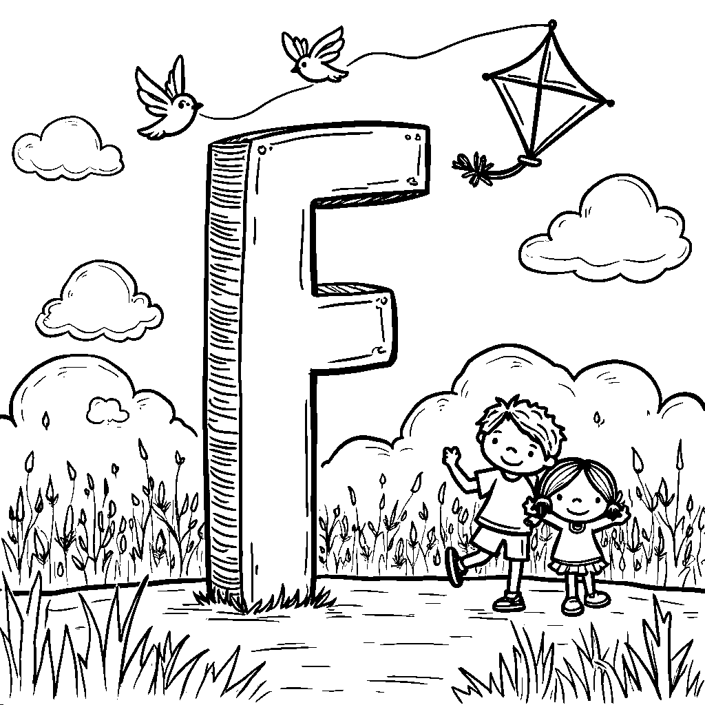 A cartoon letter F flying a kite in a sunny day park