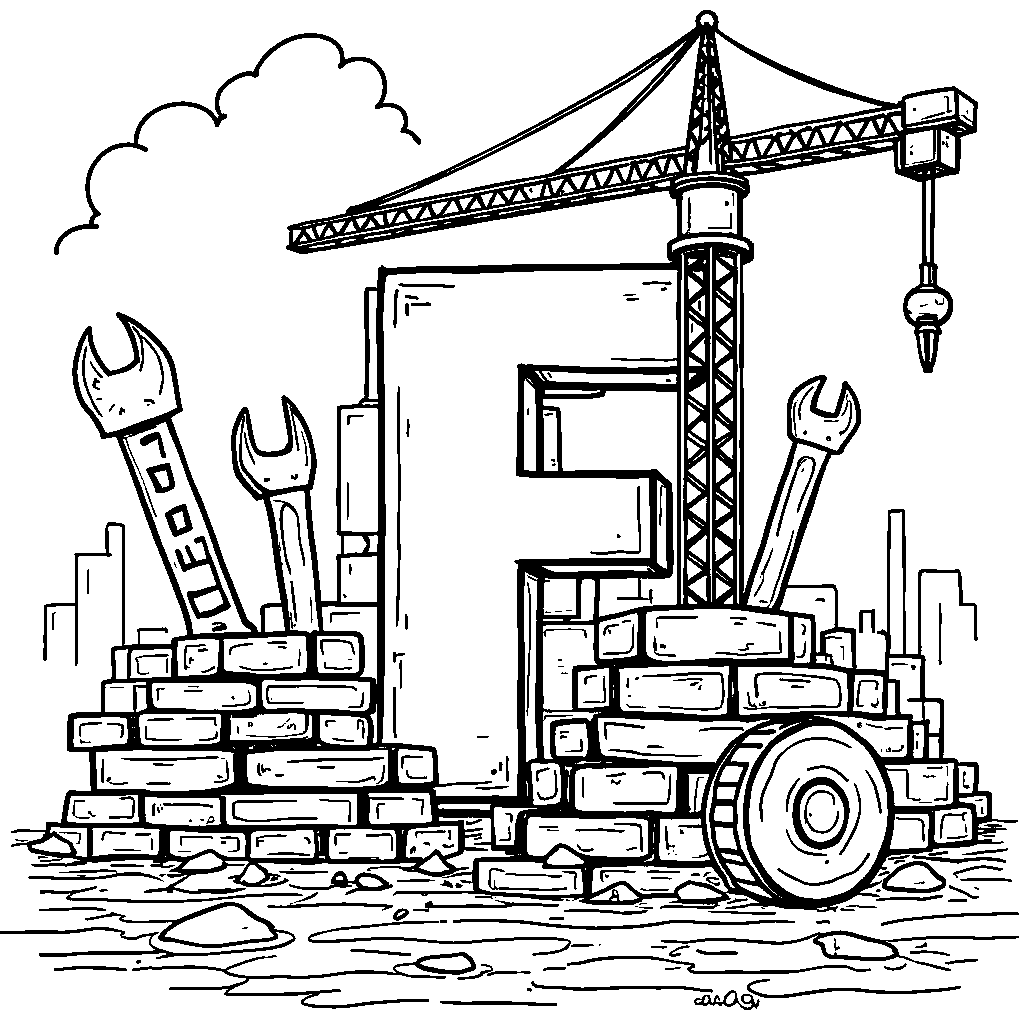 A construction site with the letter F built from bricks and construction tools