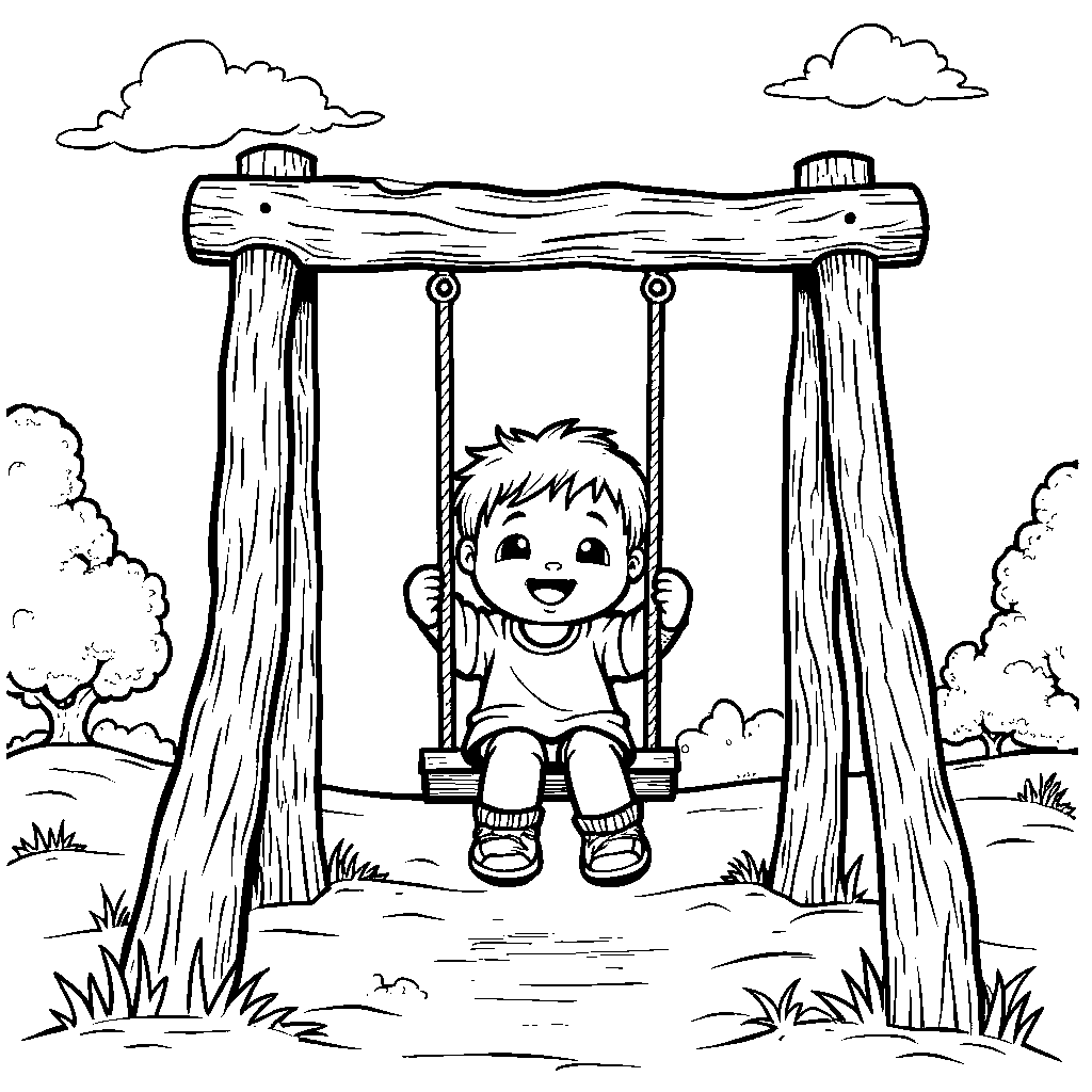 A cute little letter F sitting on a swing in a playground.