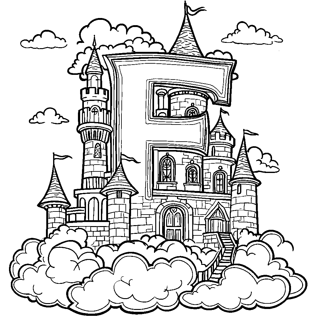 A fantasy world where the letter F is a castle in the clouds.