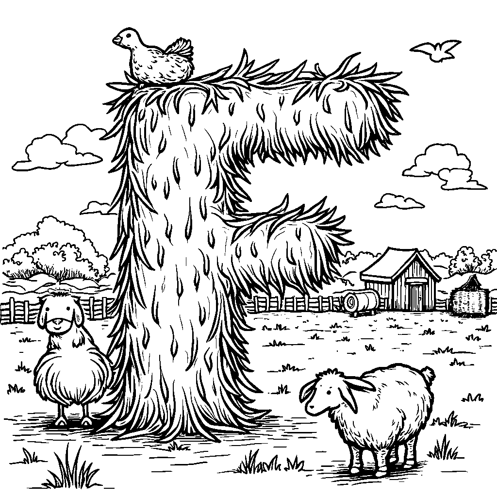 A farmyard scene where the letter F is made of haybales and farm animals