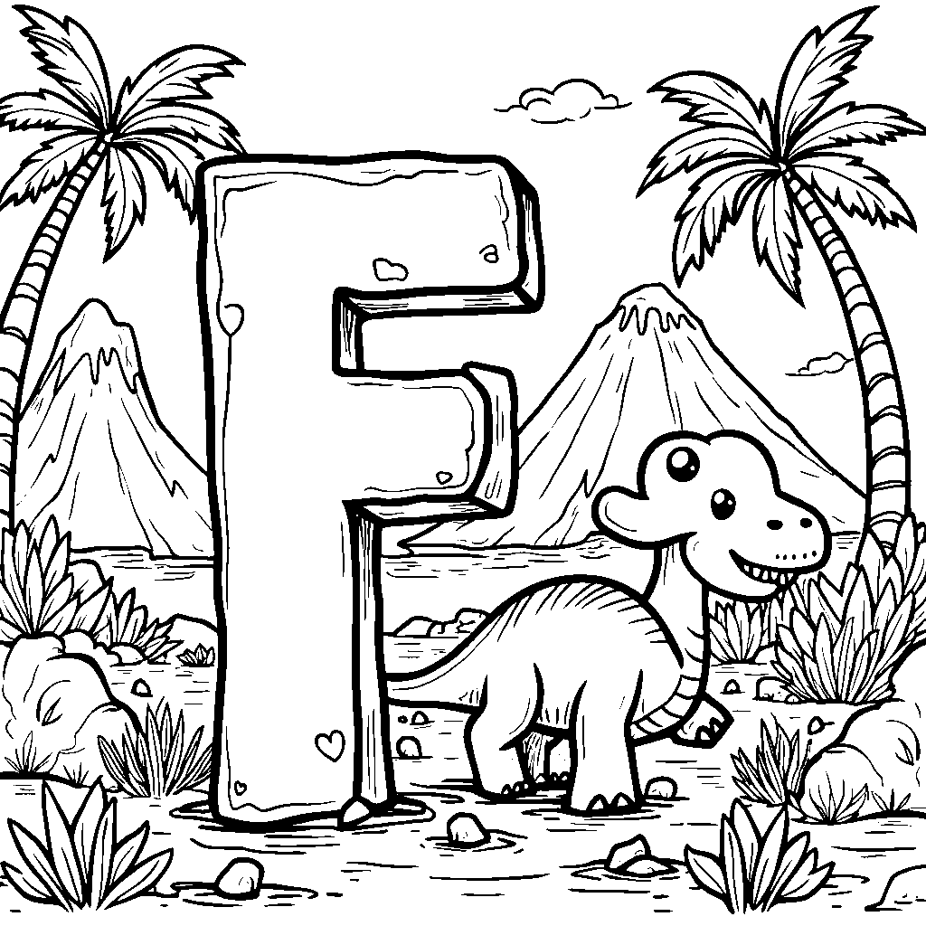 A friendly dinosaur shaped like the letter F in a prehistoric scene