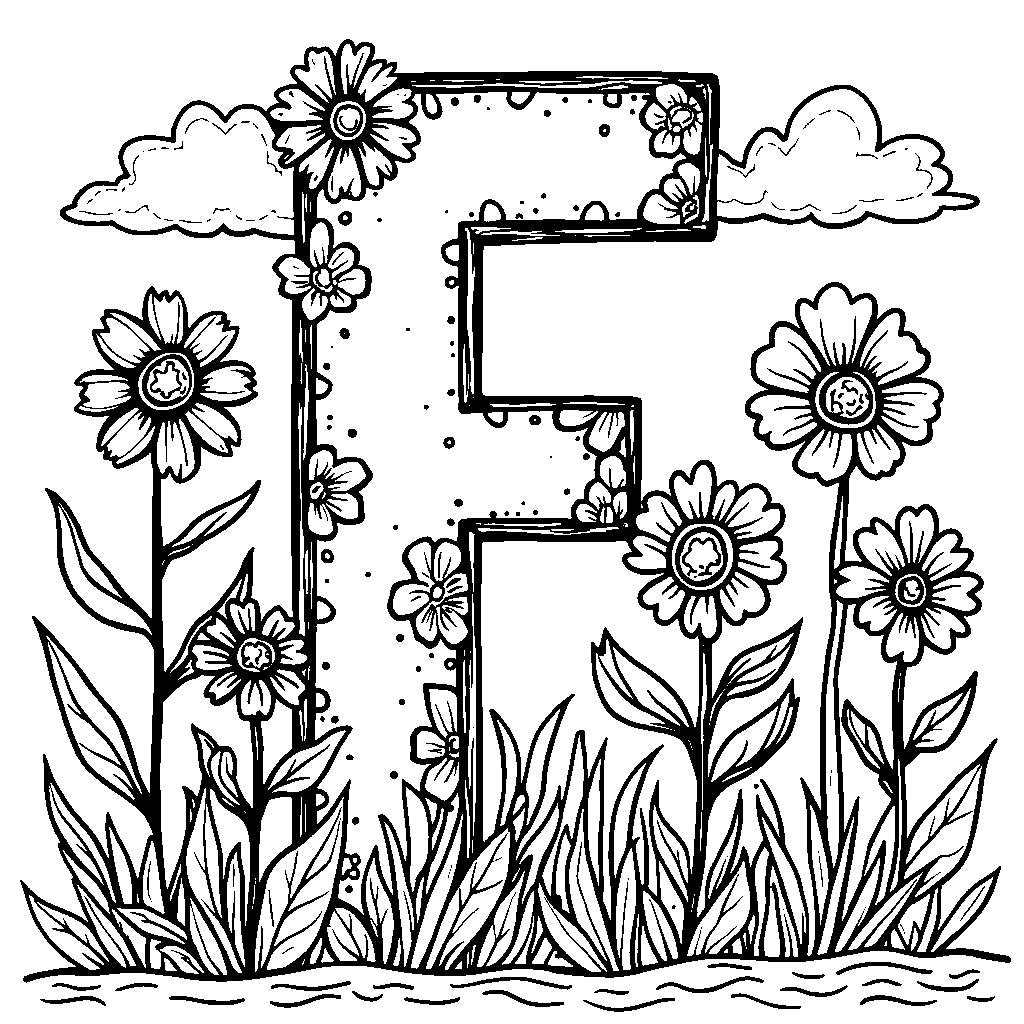 A giant, friendly letter F made of flowers in a sunny garden.