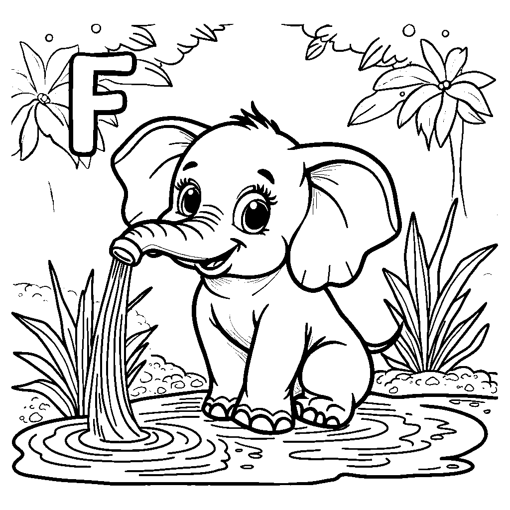 A letter F as a cute baby elephant spraying water in a jungle.