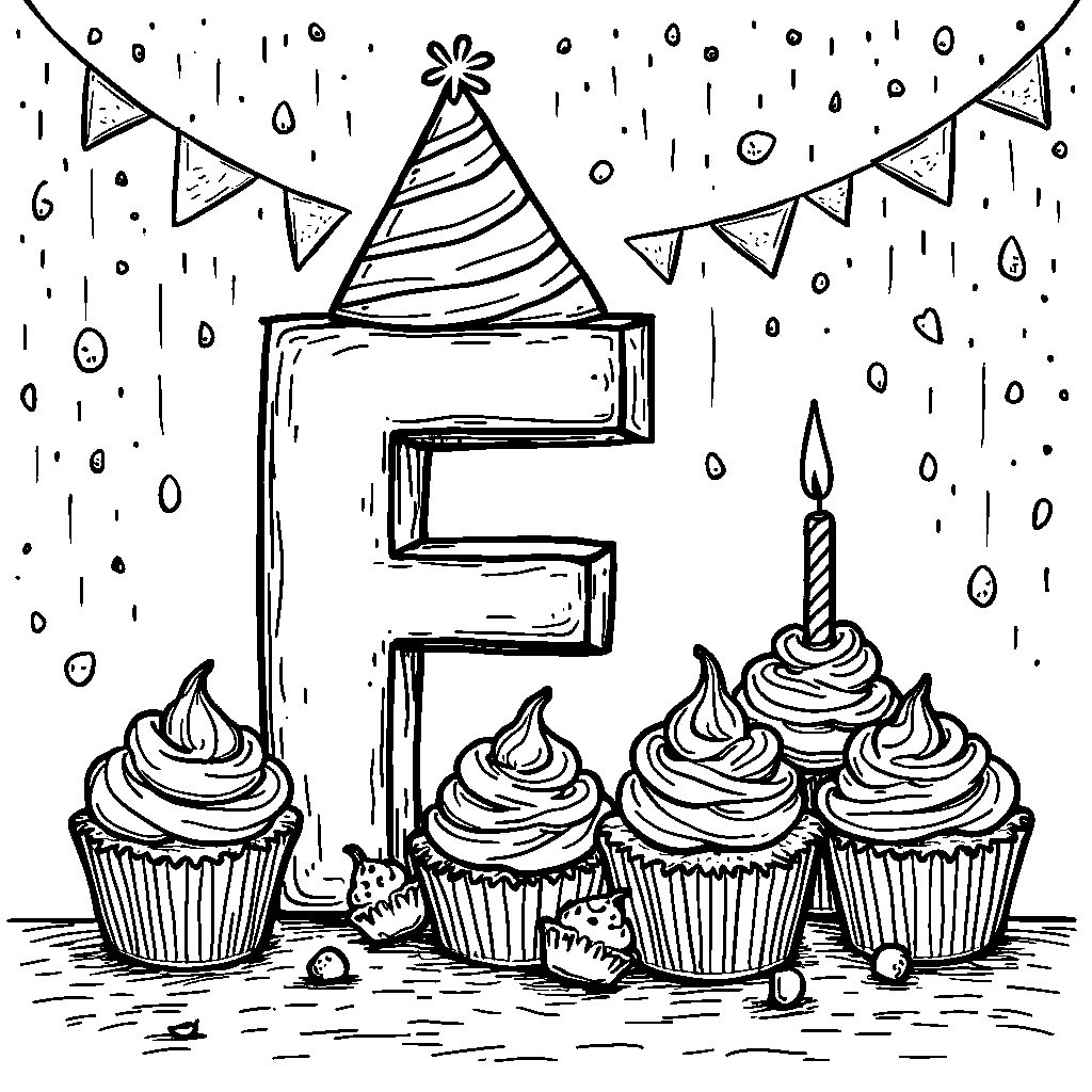 A letter F wearing a birthday hat at a festive party with cupcakes