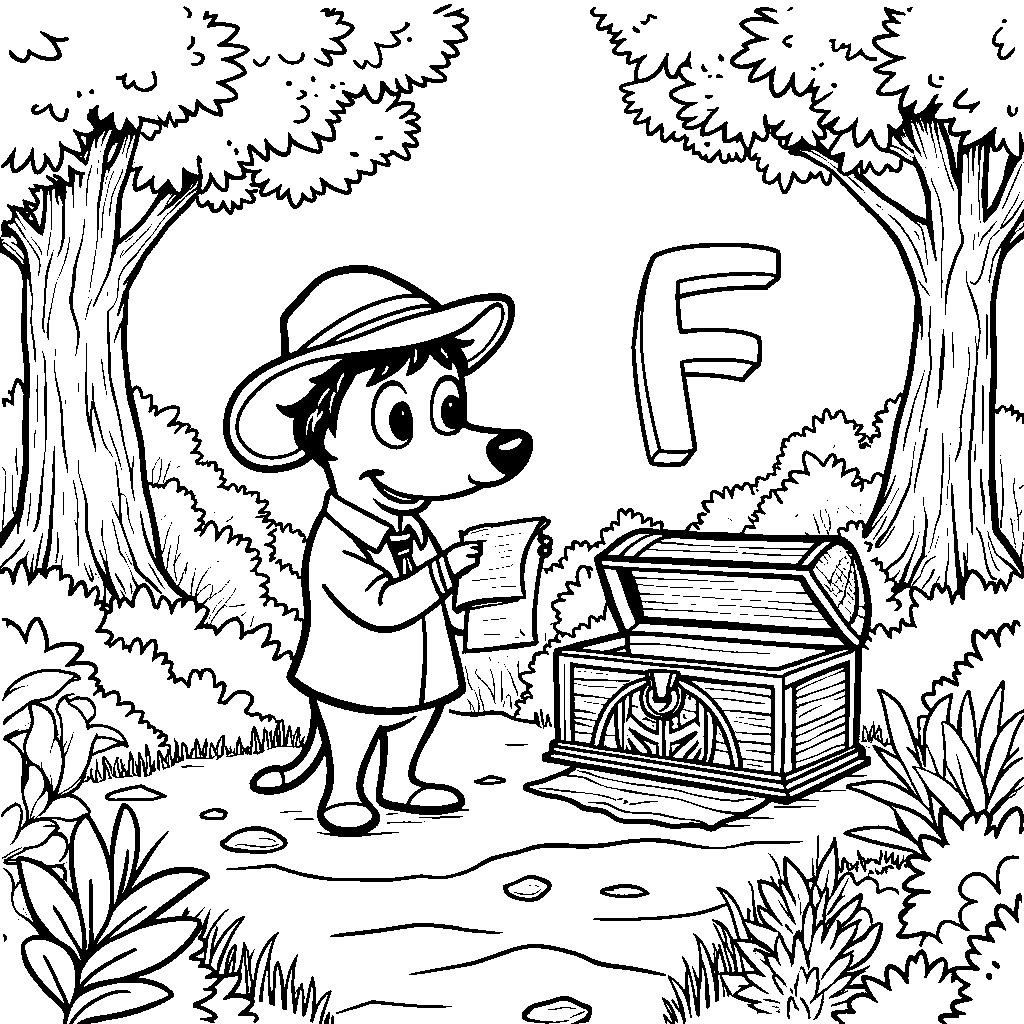 An adventure scene with the letter F going on a treasure hunt