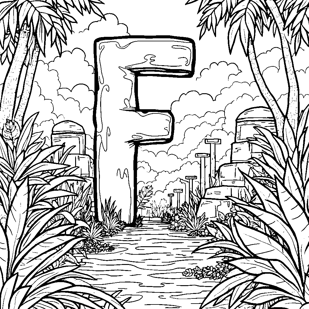 An adventurous scene with the letter F exploring the jungle